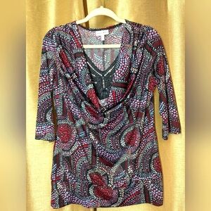 Fashion Bug:Womens Multicolor Patterned Top Size M Stretch Fabric, Sequined Neck